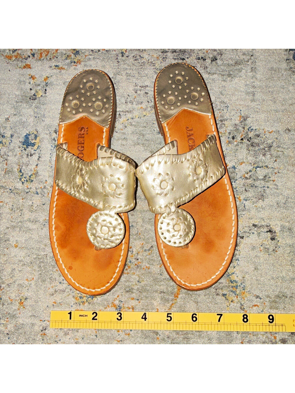 Jack Rogers Metallic Gold Leather Thong Slip-On Sandals Whipstitch US 6